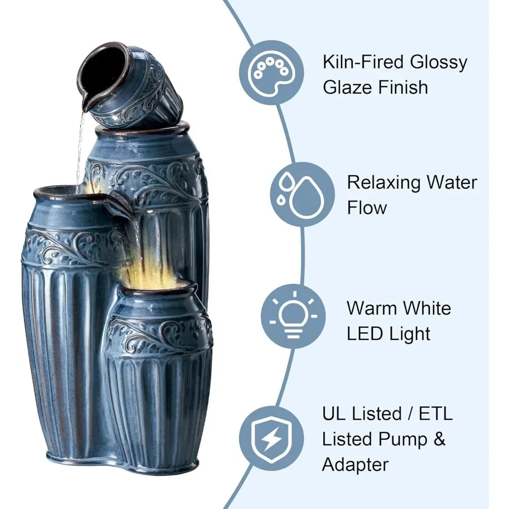35.5 "H large outdoor fountain with LED lights and water pump, 4-storey relief ceramic fountain, porch terrace vertical fountain