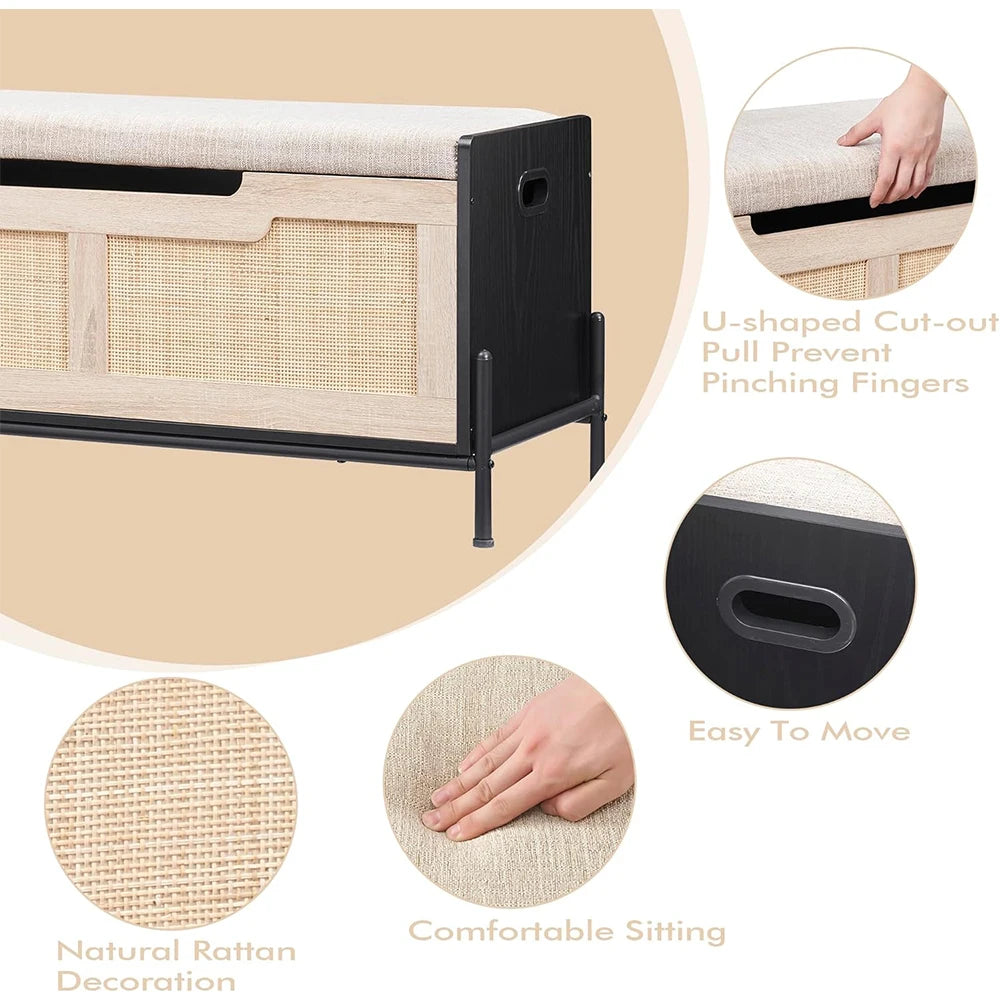 Rattan Storage Bench with Cushion 39.4 Inch Entryway Bench with Storage for Bedroom Living Room Shoe Storage Bench Chest