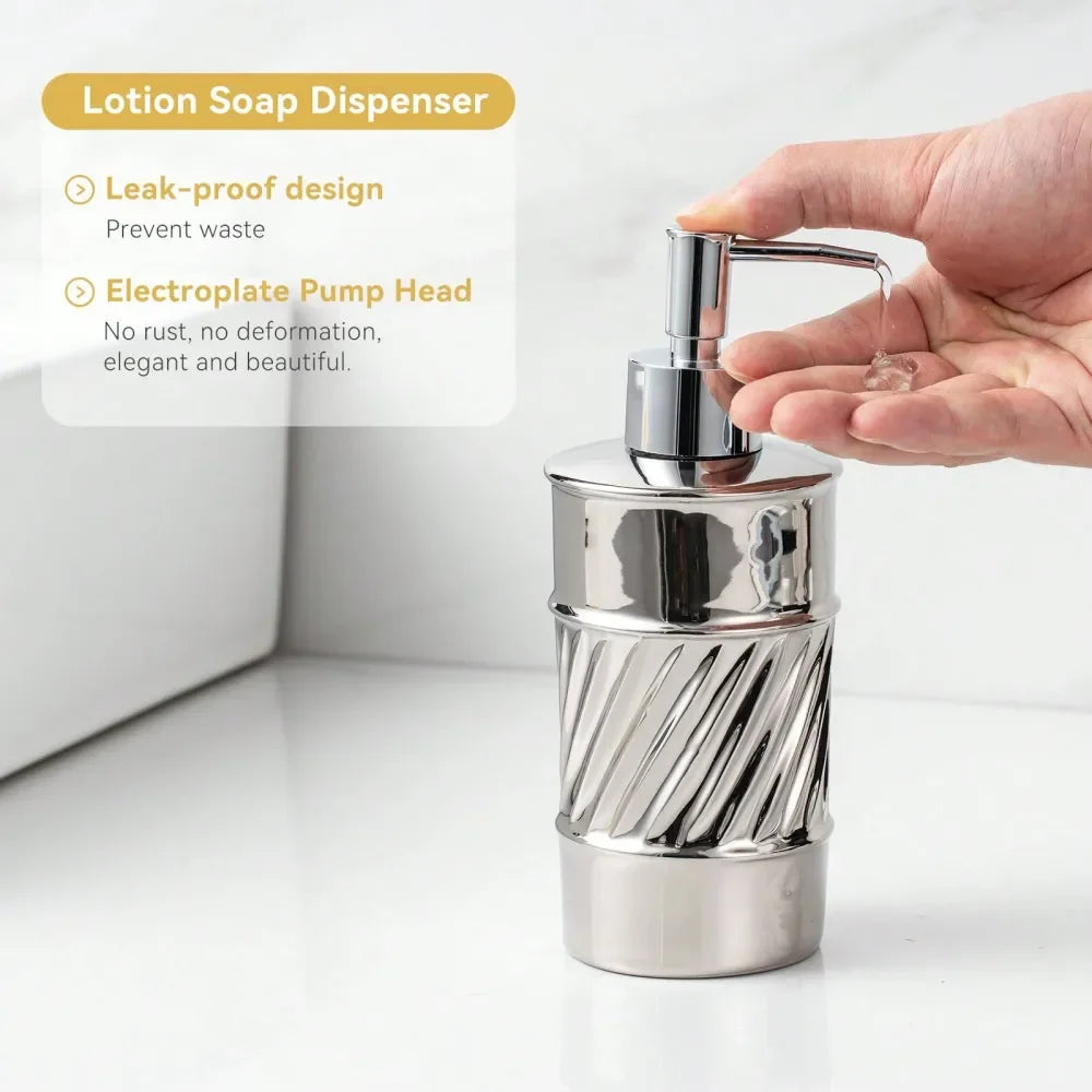 3Piece Ceramic Bathroom Accessories Set Soap Dispenser, Toothbrush Holder Soap Dish With Modern Wave Embossed Design For Bathro
