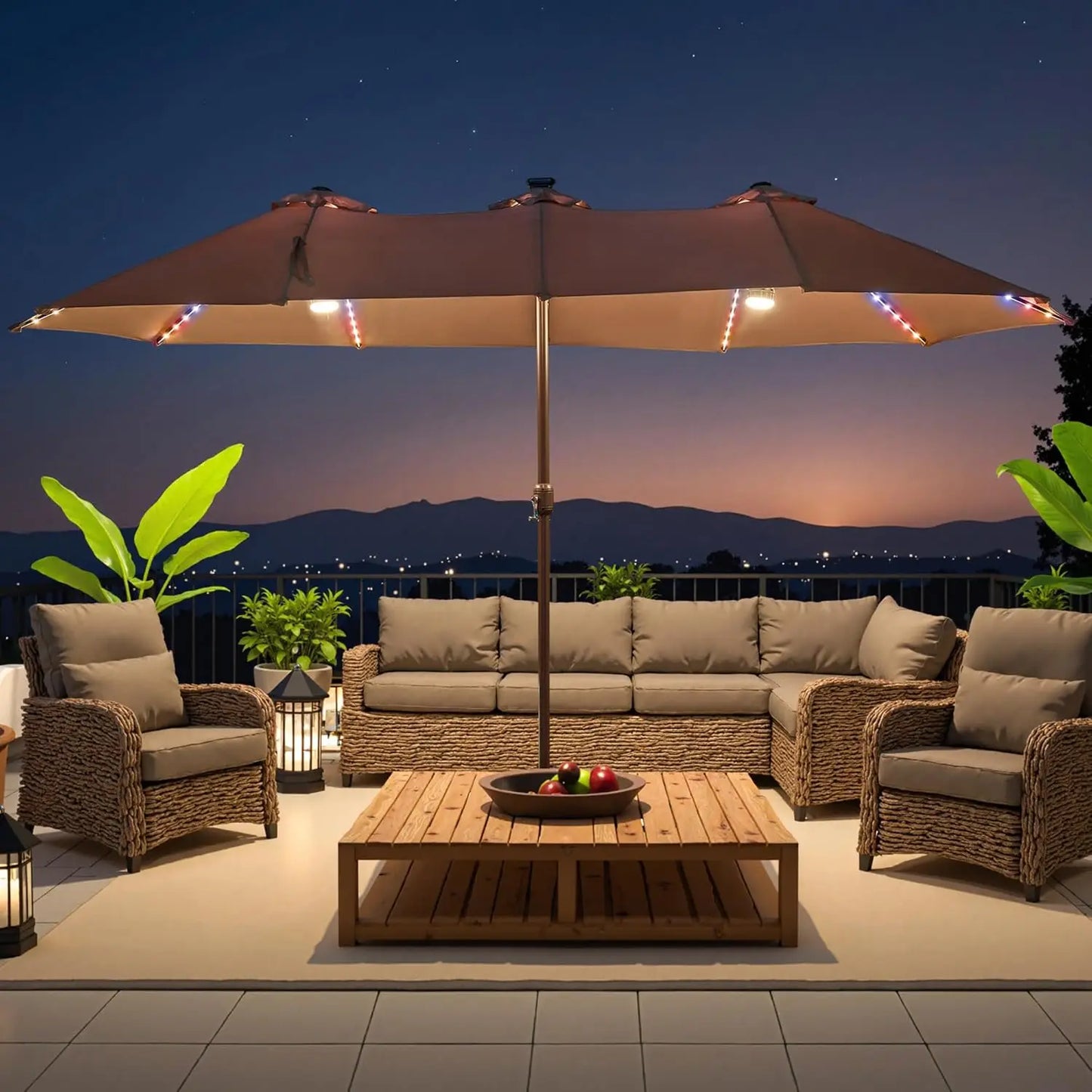 15 ft Large Patio Umbrella with Color Changing Lights,UPF50 Outdoor Table Umbrella with Solar Lights and, Customized