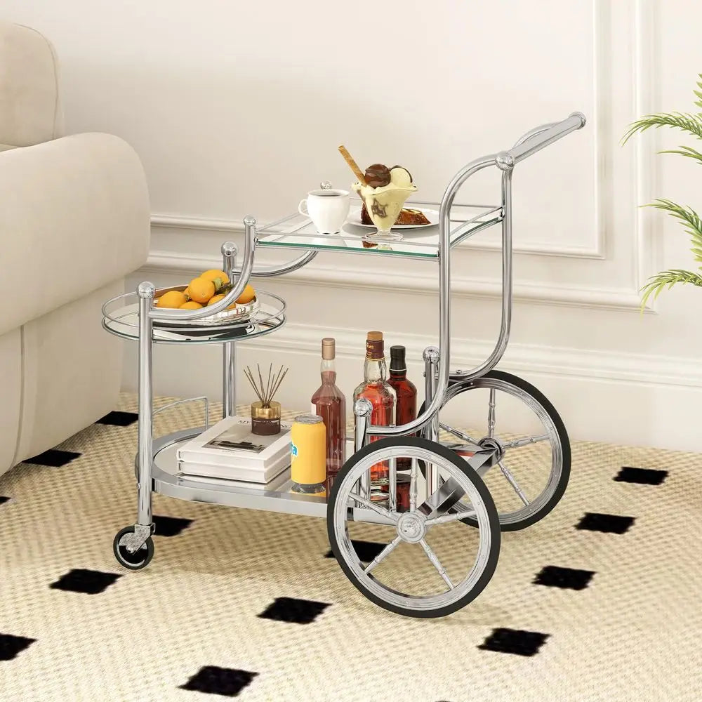 Glass Rolling Bar Cart, Rolling Serving Cart with 3Tier Shelf, Directional Wheels amp Universal Wheels, Mobile Wine Tea Serving