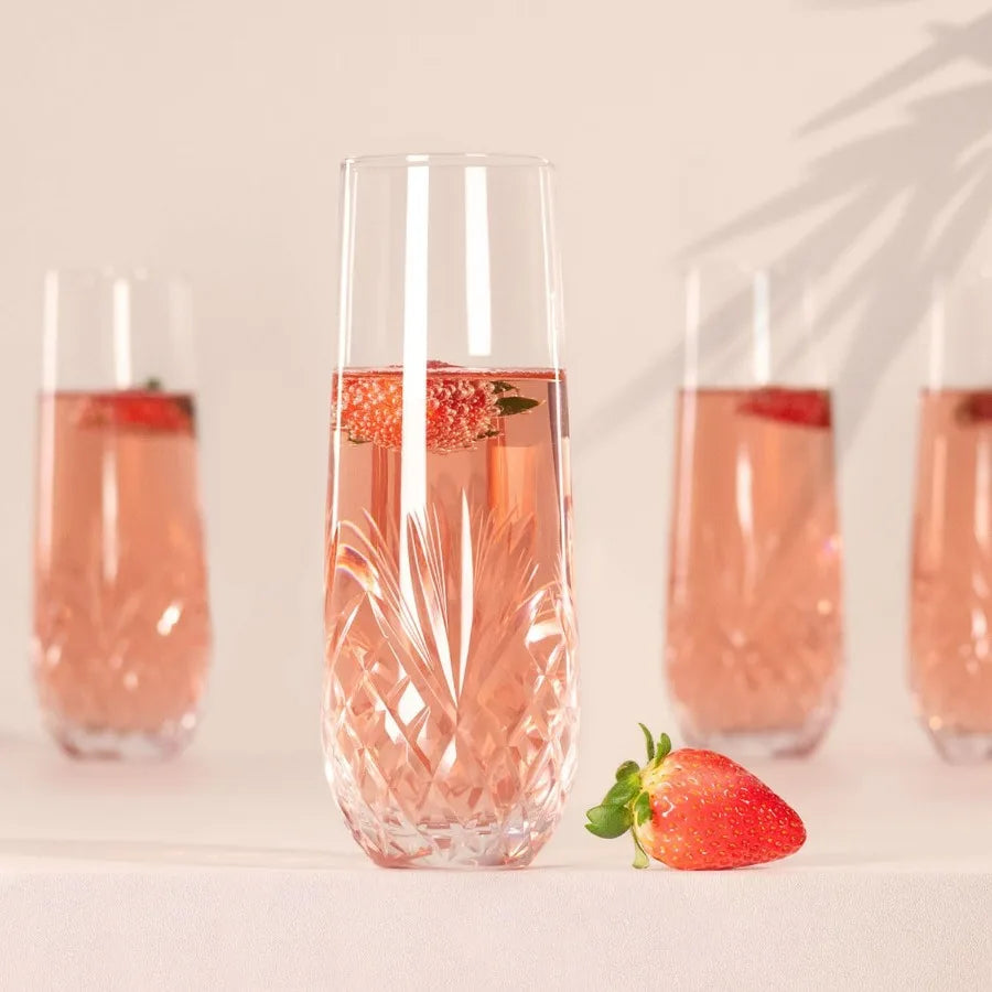 NONEDrinkware Hand Cut Crystal Stemless Champagne Flutes Set of 8