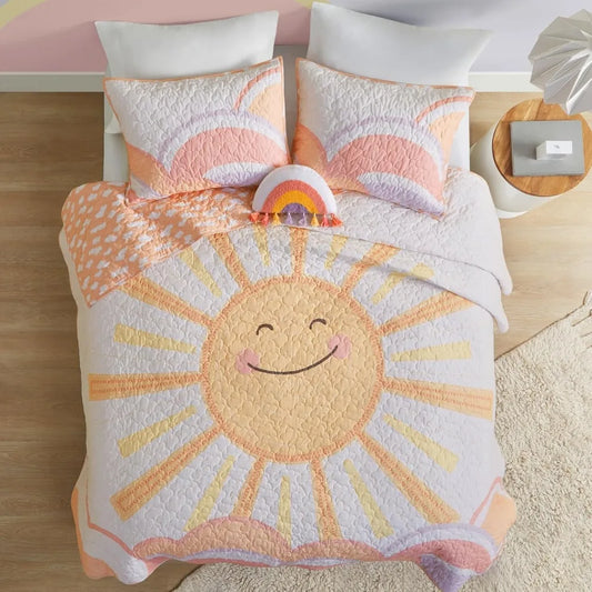 Kids Queen Bedding Set Cotton Sun Full Size Quilt Sets for Girls Rainbow & Clouds Reversible Queen Coverlet D