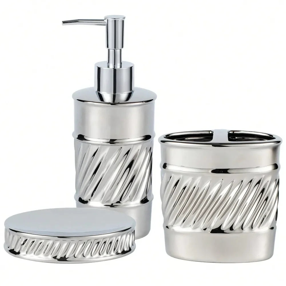 3Piece Ceramic Bathroom Accessories Set Soap Dispenser, Toothbrush Holder Soap Dish With Modern Wave Embossed Design For Bathro