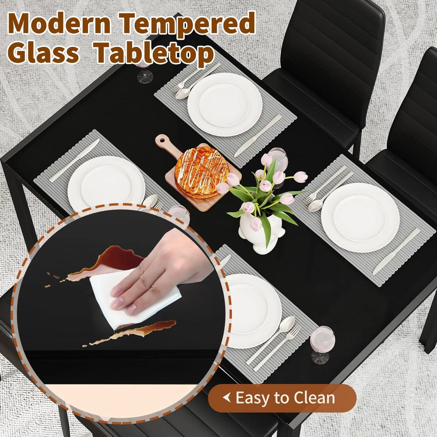 Modern Glass Dining Table Set For Four With Upholstered Chairs
