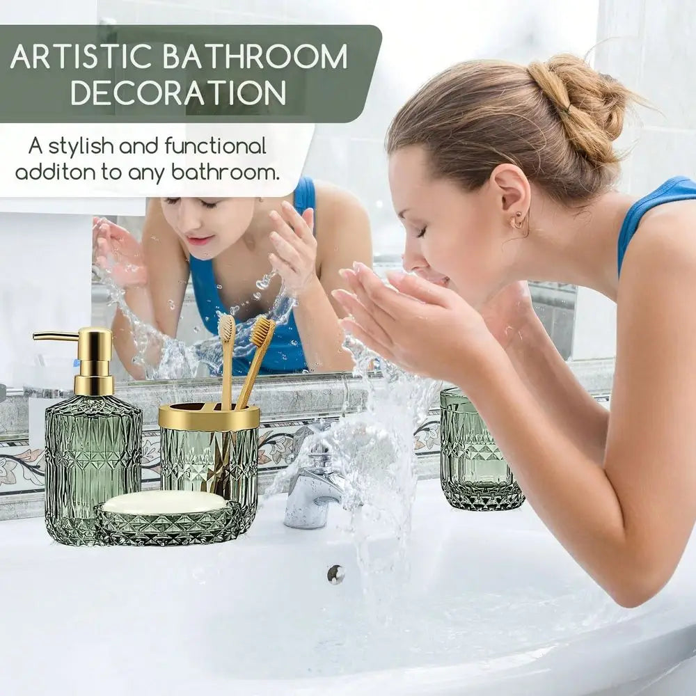 Diamond Glass Bathroom Accessory Set, Includes Lotion Dispenser, Soap Dish, Toothbrush Holder, Tumbler Cotton Swab Jars, Modern
