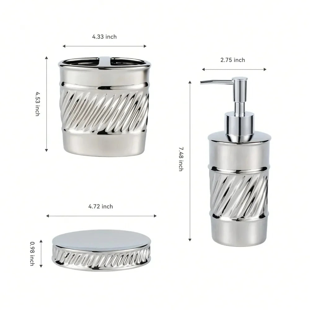 3Piece Ceramic Bathroom Accessories Set Soap Dispenser, Toothbrush Holder Soap Dish With Modern Wave Embossed Design For Bathro