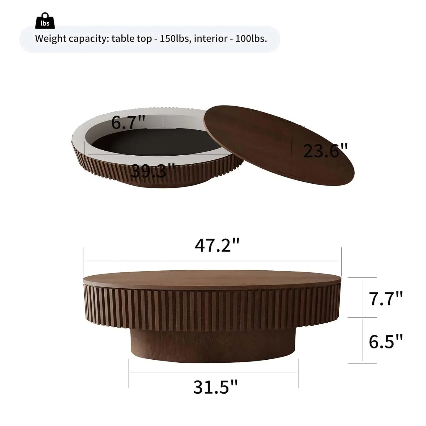 Oval Fluted Coffee Table With Storage In Solid Wood Veneer