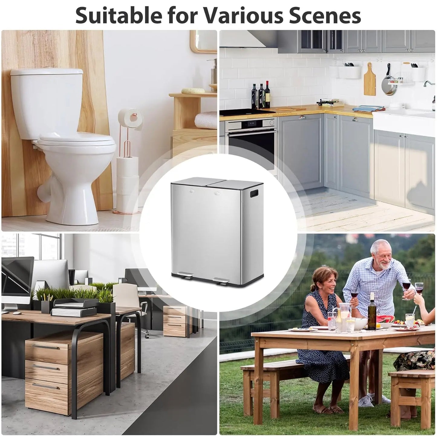 Stainless Steel Dual Trash Can With Foot Pedal For Kitchen