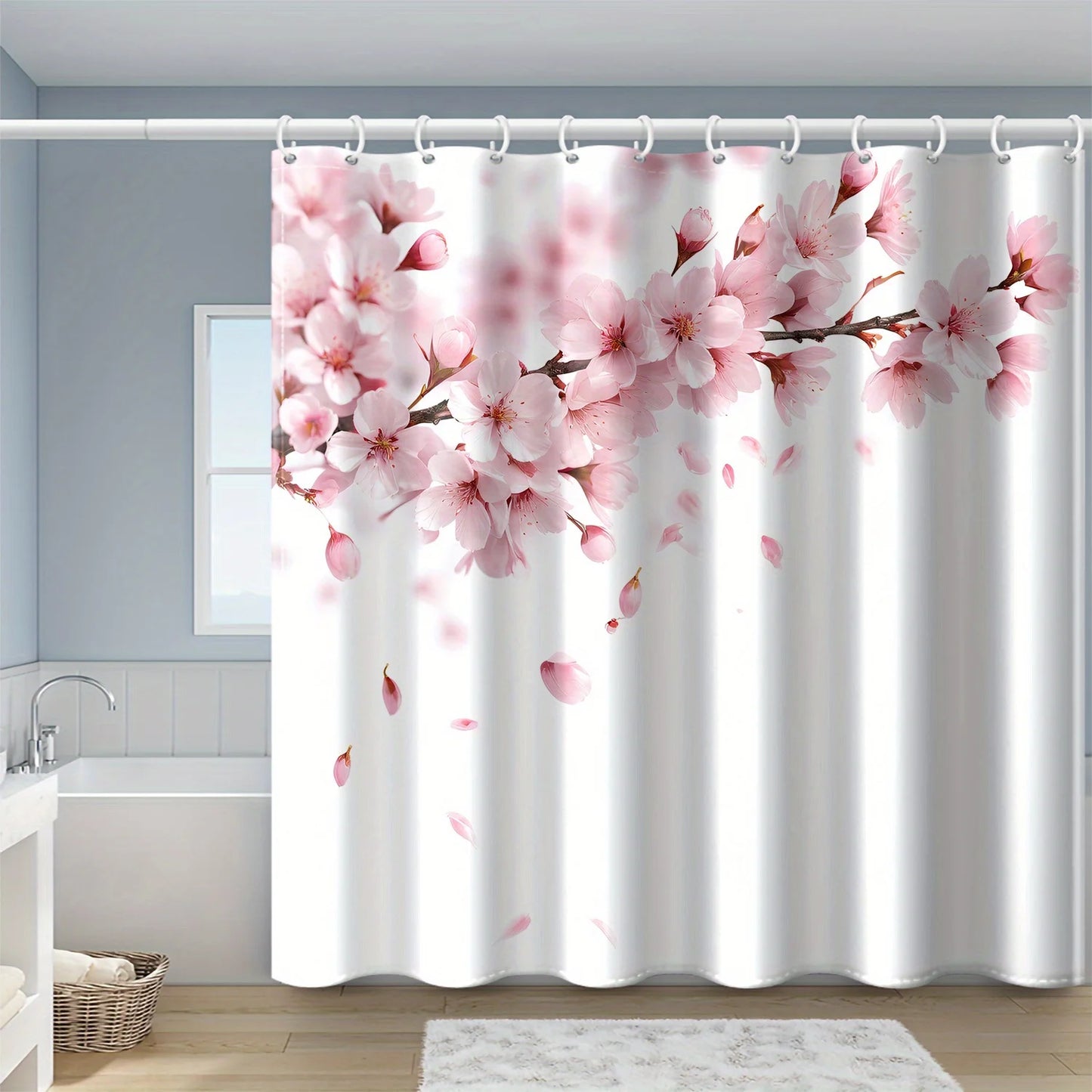 Pink Floral Branch Shower Curtain with Hooks Polyester Machine Washable Bathroom Decor multiple sizes All Season Use