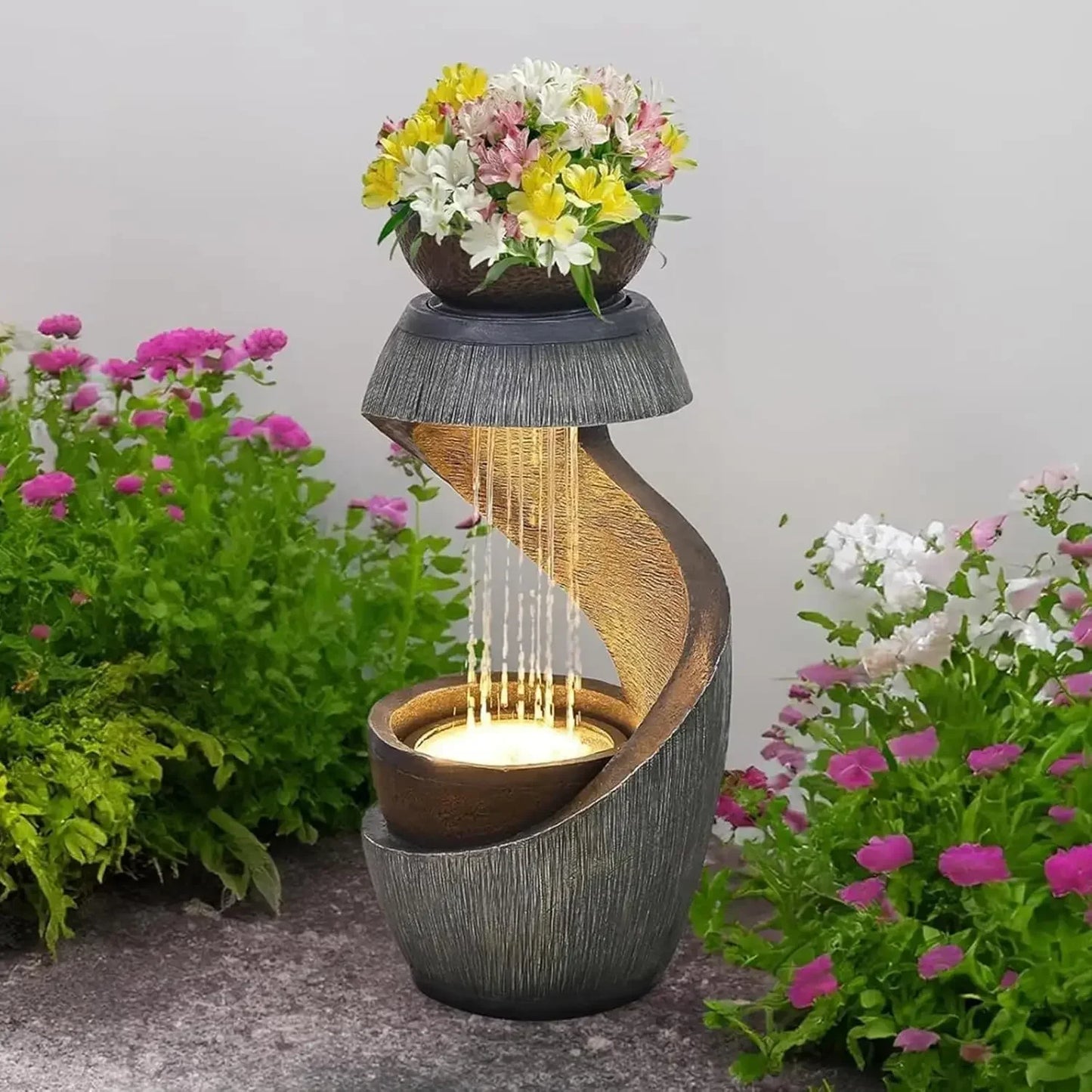 31.9" S-Shaped Water Outdoor Fountain–Modern Cascading Waterfall Feature with LED Lights & Planter Bowl