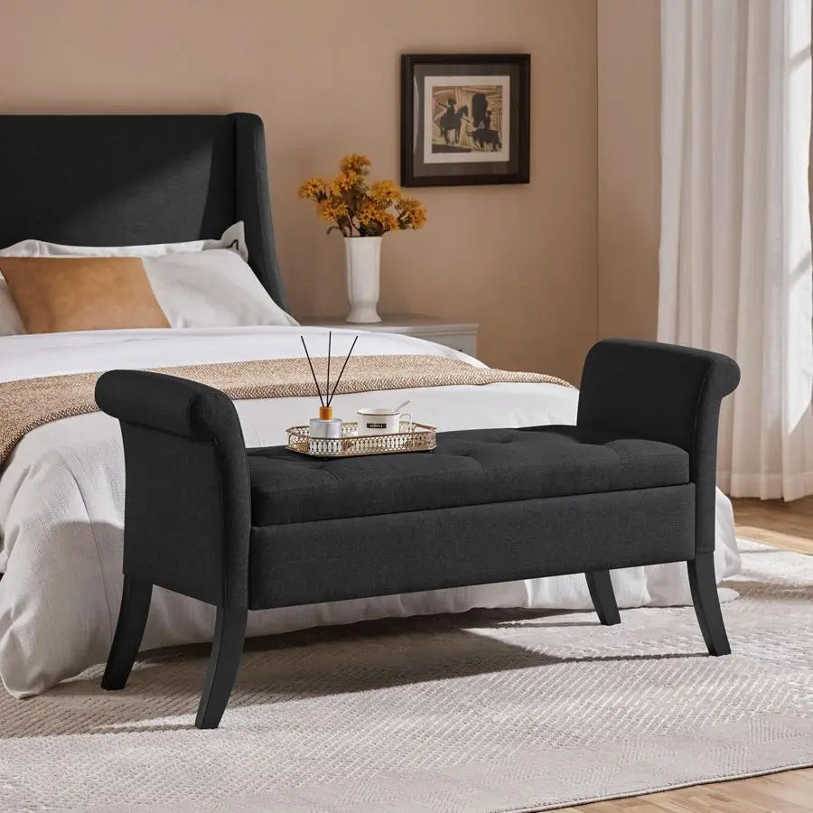 Storage Bench For Entryway With Linen Upholstery And Rolled Arms