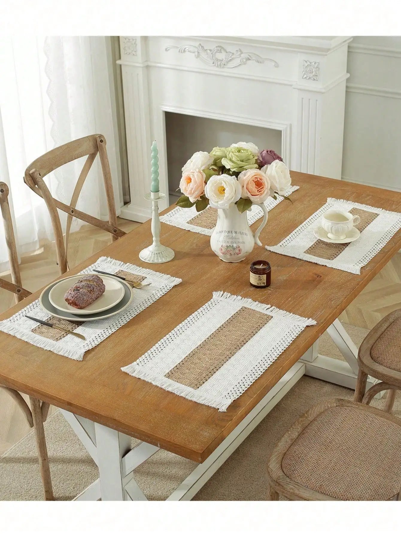 1/4/8pcs Linen Placemats, Placemats Rustic Hemstitch Place Mats For Kitchen Table