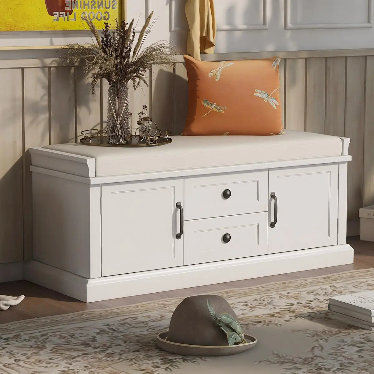 Storage Bench Removable Cushion Shoe Cabinet Doors Drawers Padded Seat Hallway Entryway Espresso, Customized