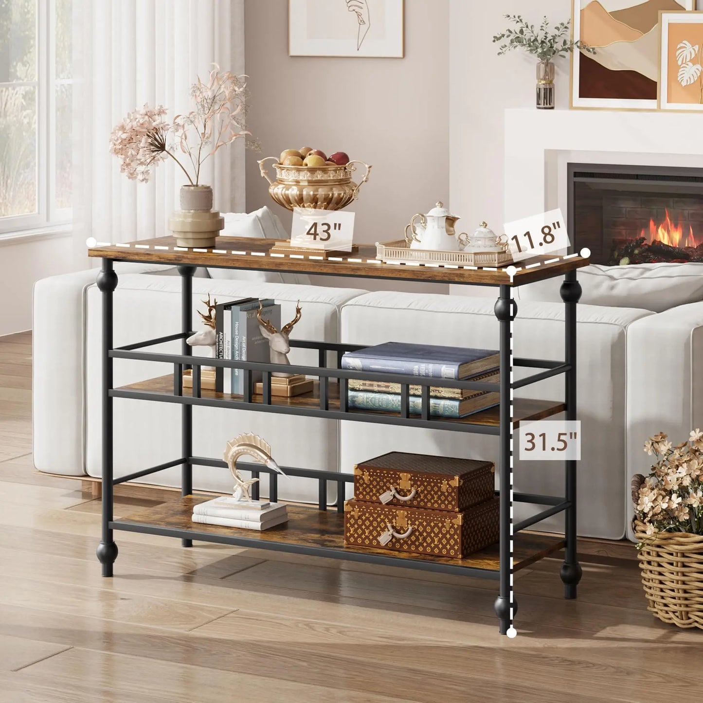43" Rustic Console Table, 3-Tier Entryway Sofa Table with Shelves & Wood Grain Finish For Living Room Hallway Bedroom
