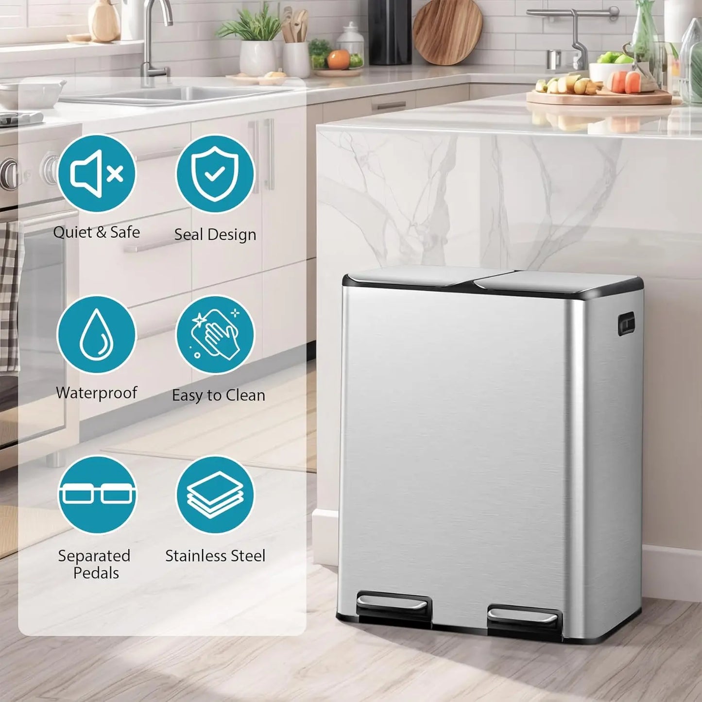 Stainless Steel Dual Trash Can With Foot Pedal For Kitchen