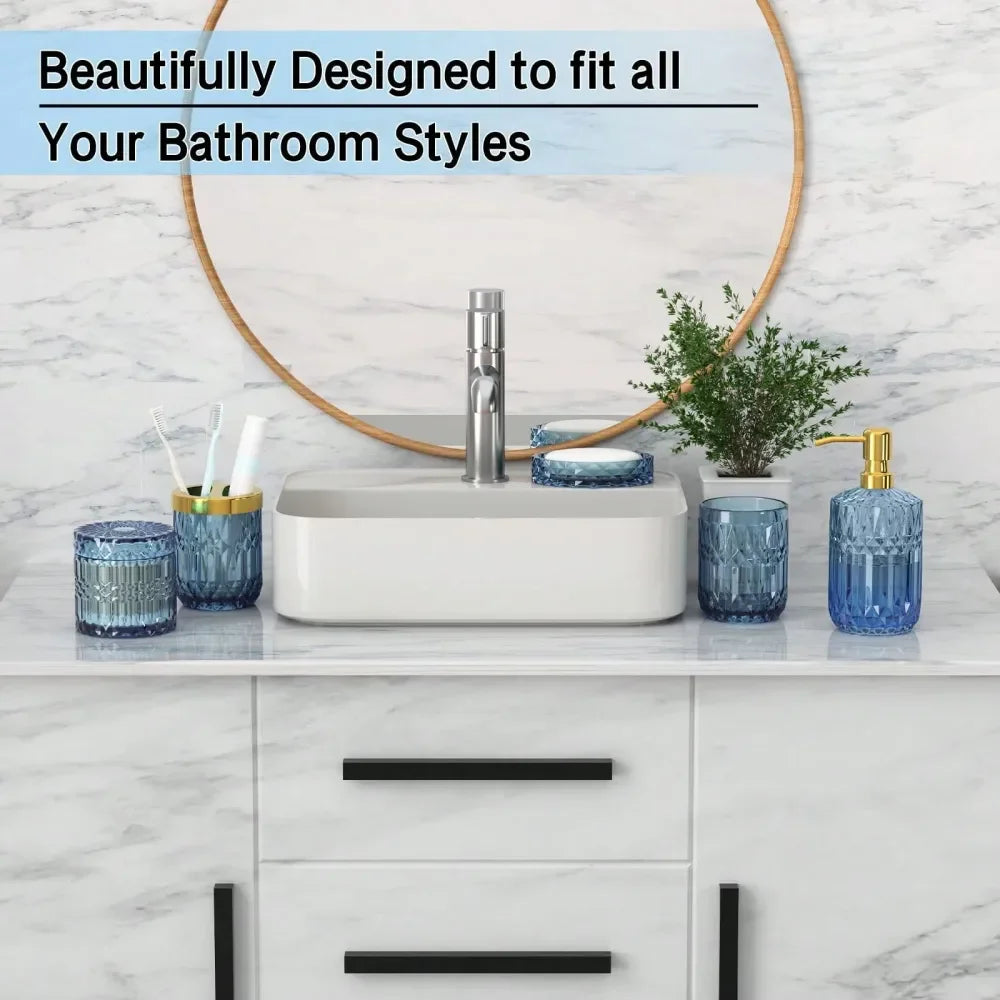 Bathroom Set,Blue Bathroom Accessories Set,Includes Lotion Soap Dispenser, Soap Dish, Toothbrush Holder, Tumbler, Cotton Swab J