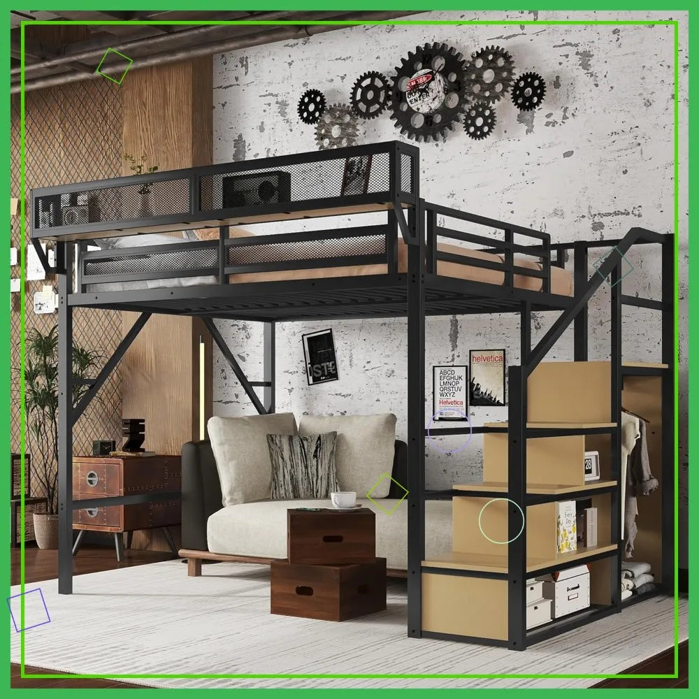 Metal Loft Bed With Stairs Storage Shelves And Wardrobe