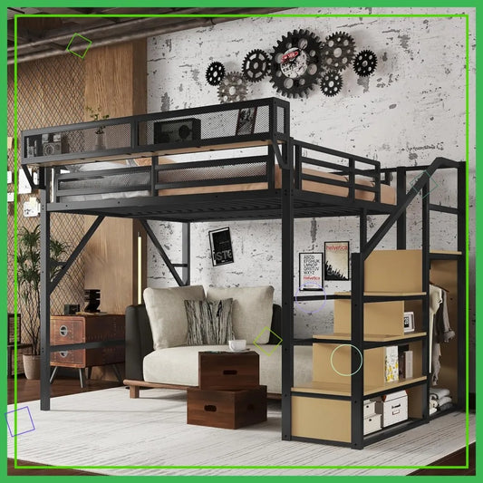 Metal Loft Bed With Stairs Storage Shelves And Wardrobe