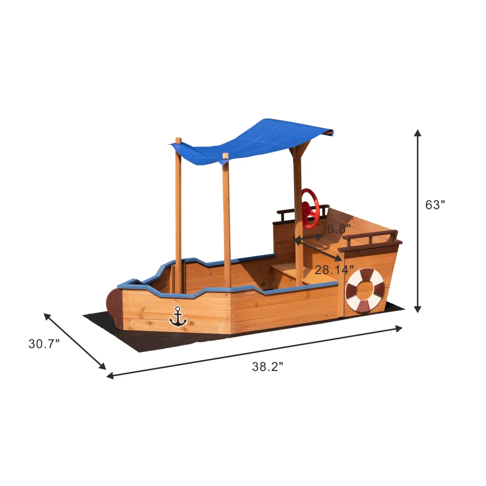 Outsunny Pirate Ship Sandbox With Cover Rudder Wooden Storage Bench