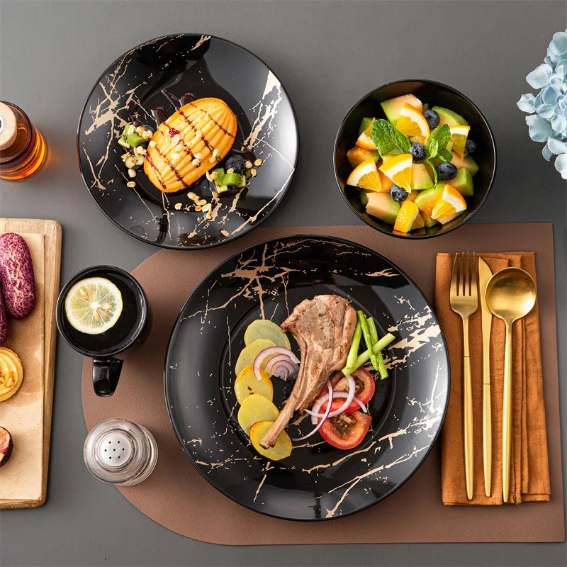 16Pcs Black Procelain Tableware Set Design By Gold Splash with Dinner Plate/Cake plate/Bowls/Coffee Cups Kitchen Dinner Ware Set
