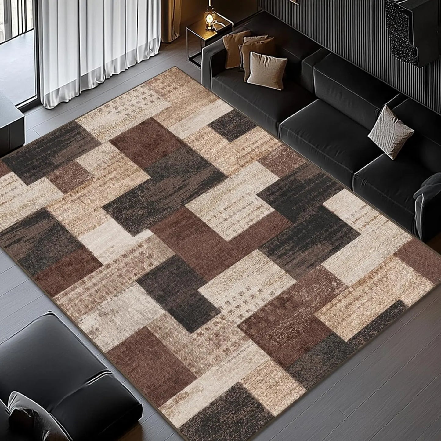 Modern Geometric Patchwork Brown Area Rug 5x7ft for Living Room Bedroom Office Entryway Hardwood Floors Decor