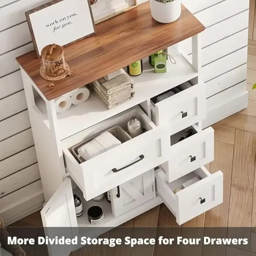 Farmhouse Bathroom Storage Cabinet With Four Drawers And Shelves