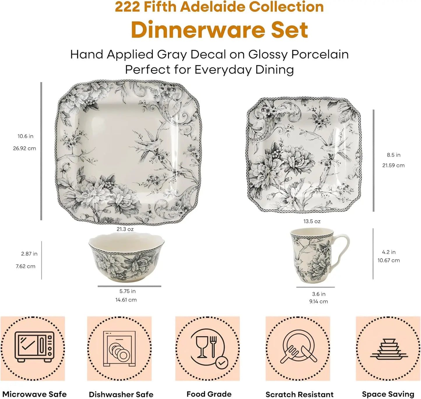 Adelaide Square Floral Porcelain Dinnerware Set For Service 4