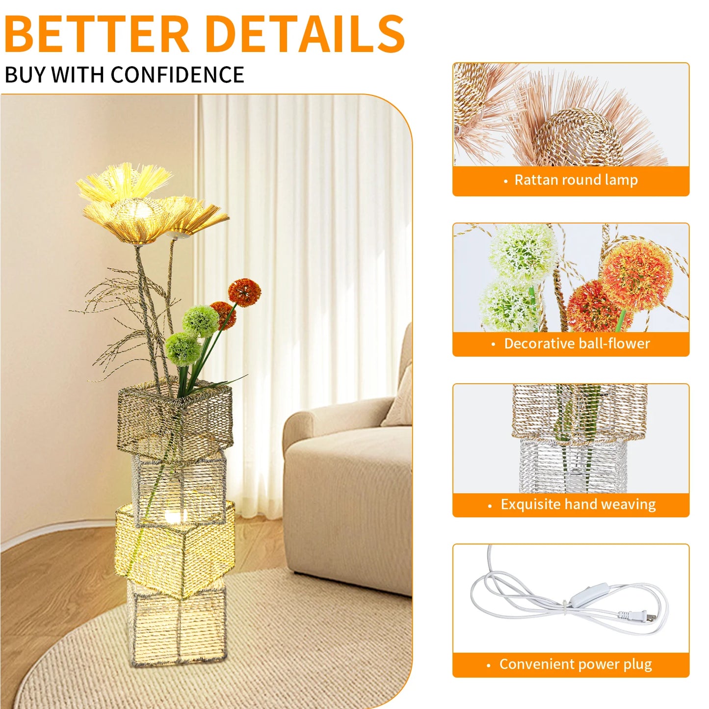 Rattan Floor Lamp Dimmable Standing LED Light For Living Room