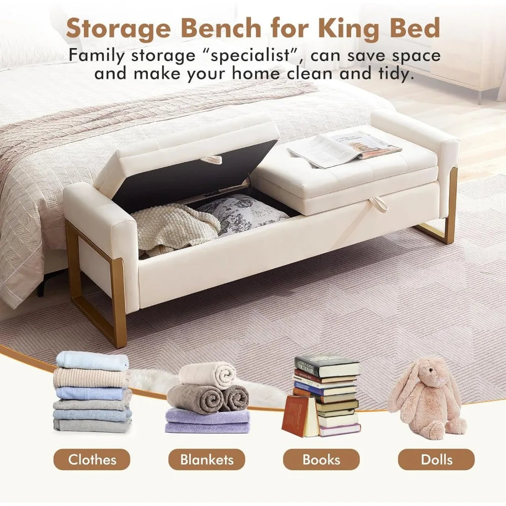 Velvet Storage Bench With Golden Legs For Bedroom Storage