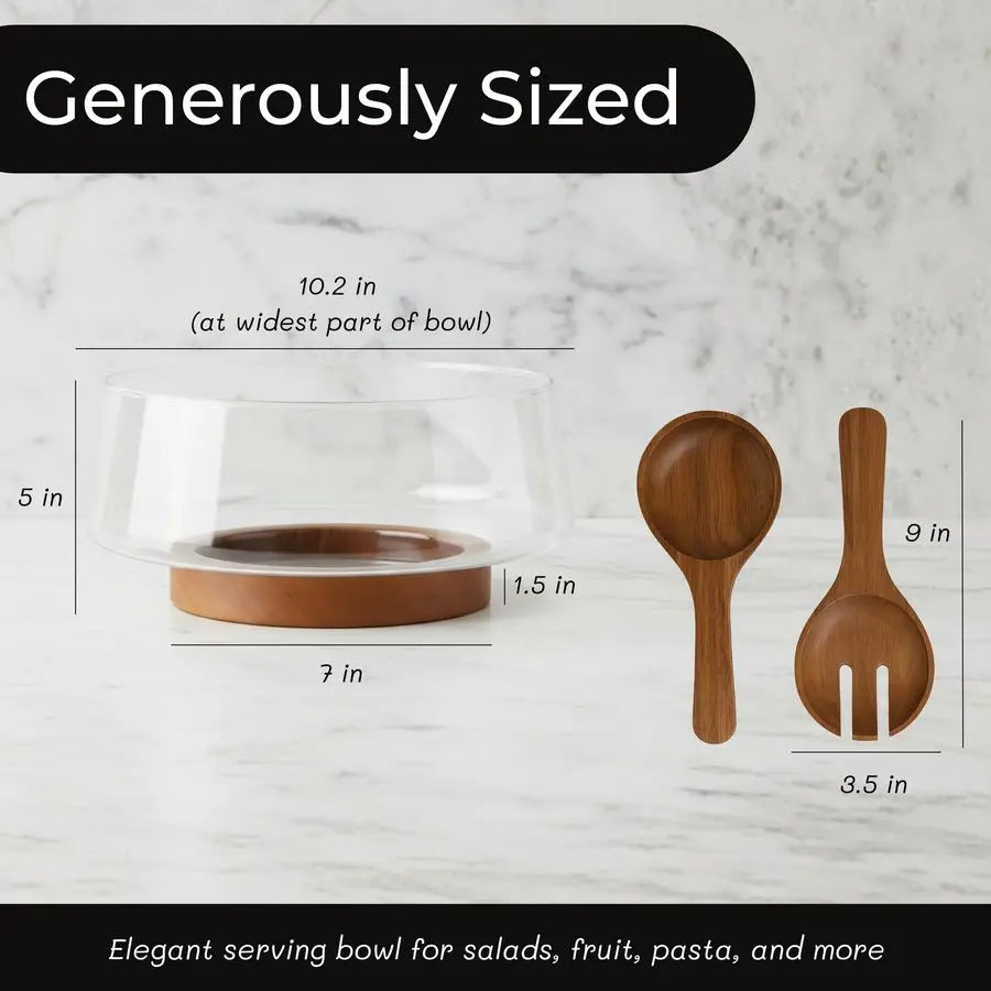 Glass Salad Bowl Set with Acacia Wood Base amp Salad Servers Elegant Serving Bowl for Salads, Pasta, Fruit amp Snacks EasyClean