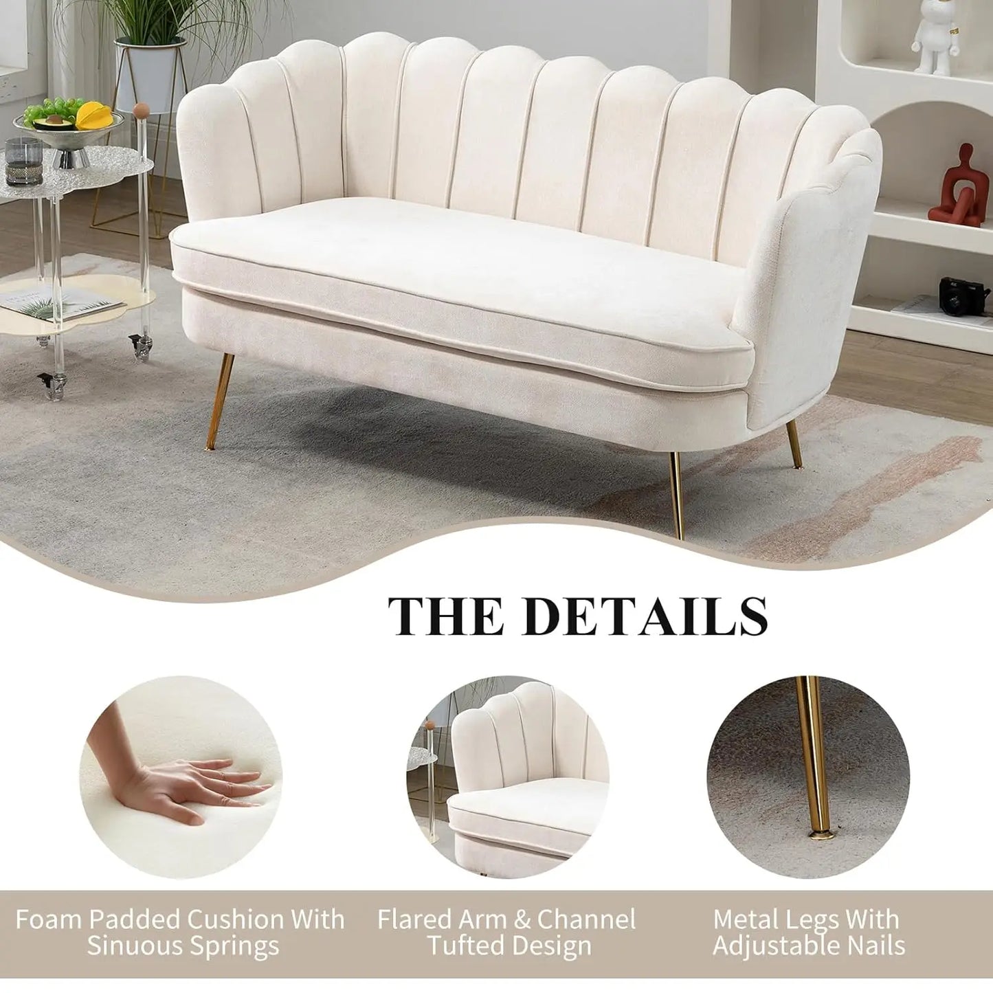 Chenille Upholstered Loveseat With Gold Metal Legs Petal Design