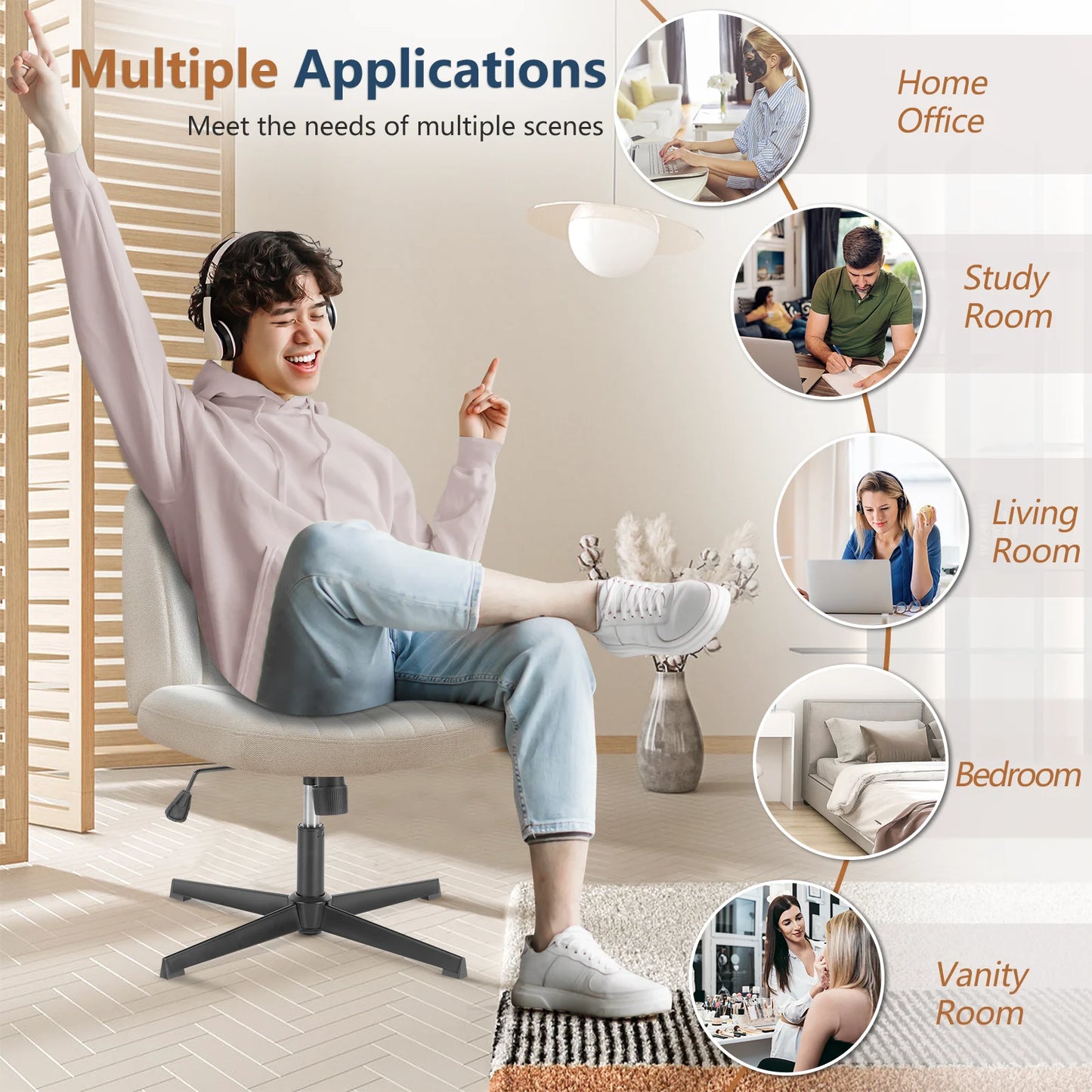 JHK Cross Legged Office Rocking Chair Armless Desk Swivel Fabric