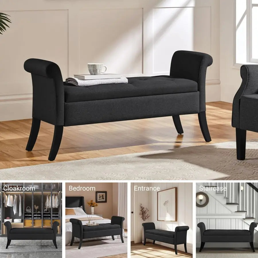 Storage Bench For Entryway With Linen Upholstery And Rolled Arms
