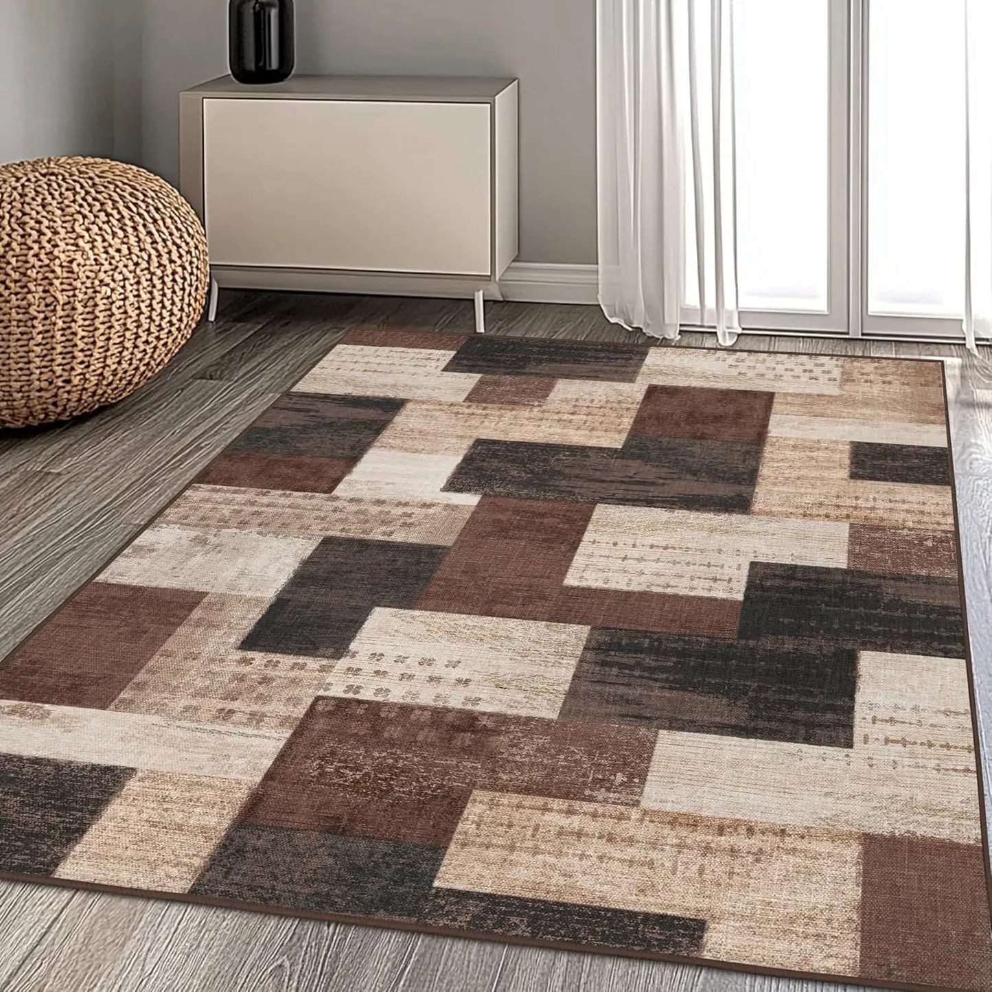Modern Geometric Patchwork Brown Area Rug 5x7ft for Living Room Bedroom Office Entryway Hardwood Floors Decor