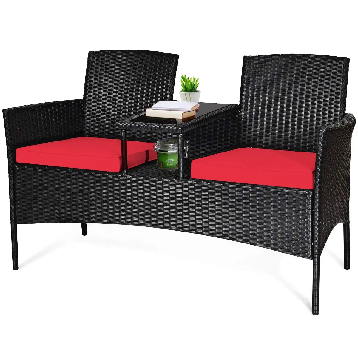Outdoor Rattan Loveseat Modern Patio Conversation Set With Cushions Table