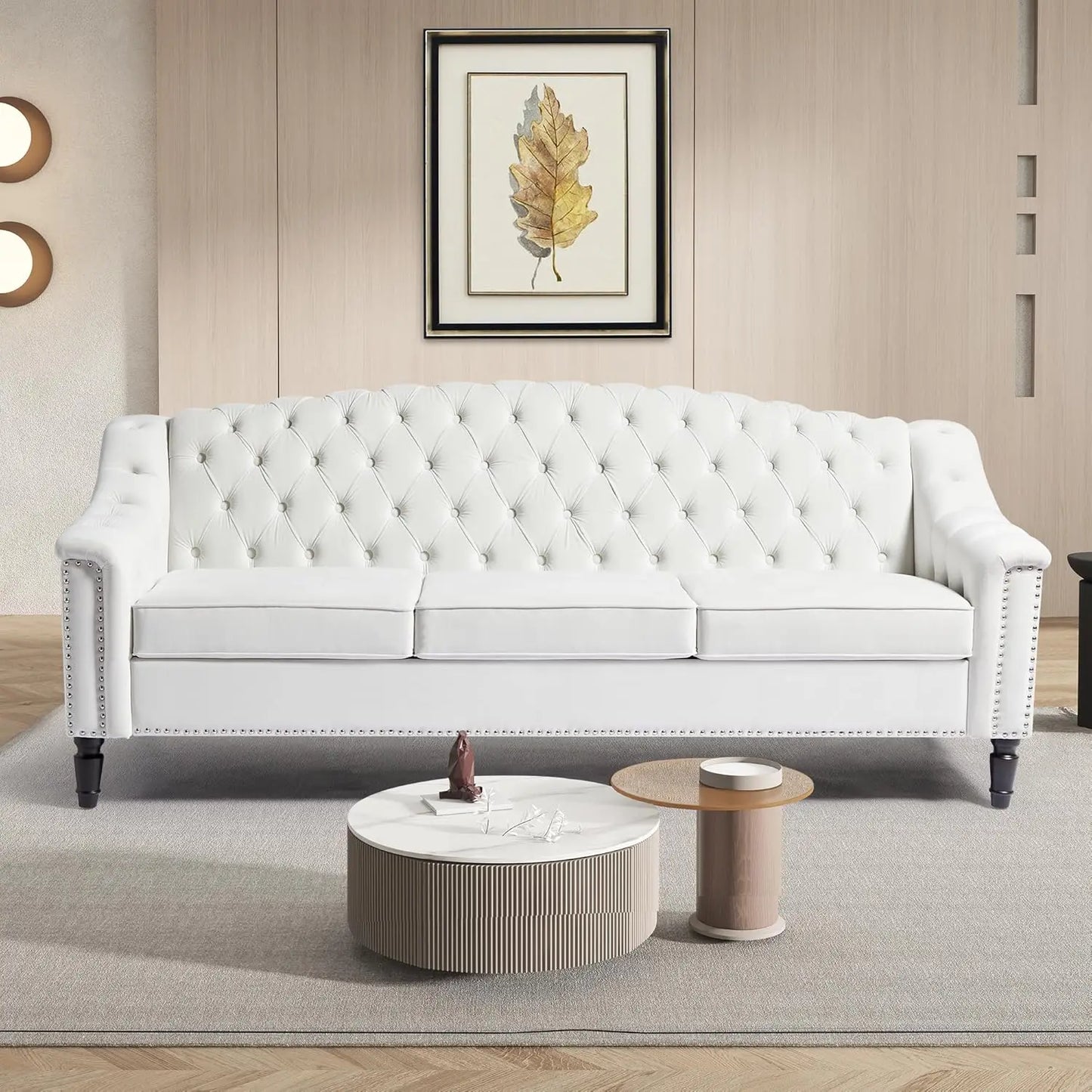 HUANZHUANG Mid Century Modern Leather Sofa Chesterfield Sleeper