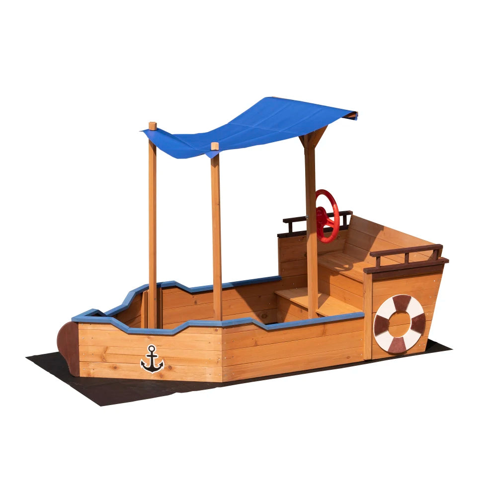 Outsunny Pirate Ship Sandbox With Cover Rudder Wooden Storage Bench