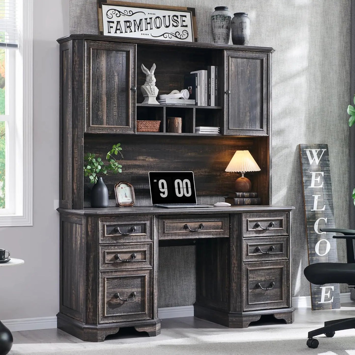 Farmhouse Executive Desk with Hutch,Wood Home Office Computer Desk, Featuring Keyboard Tray,Customized