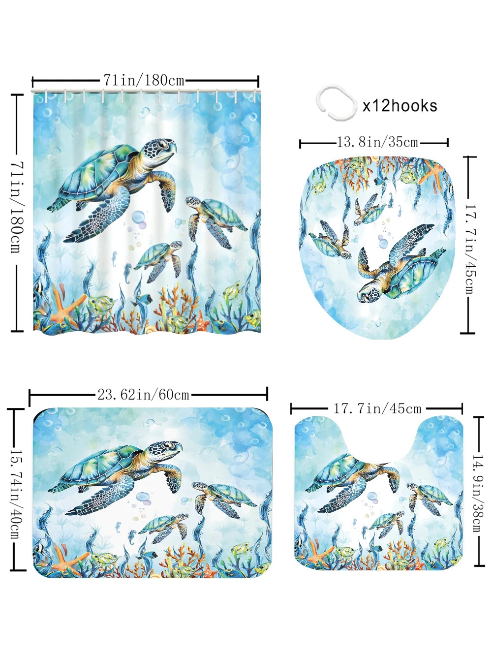 Turtle Bathroom Four Piece Set Waterproof Shower Curtain Kit