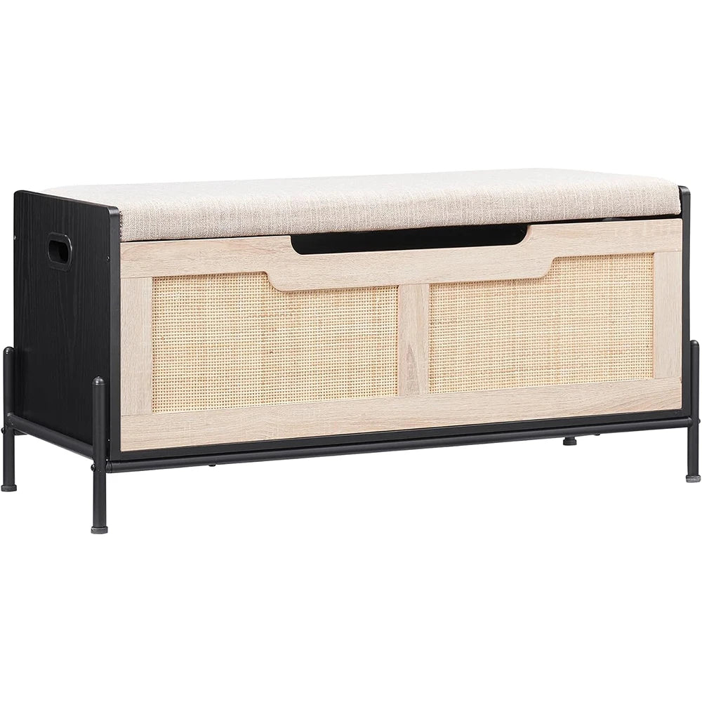Rattan Storage Bench with Cushion 39.4 Inch Entryway Bench with Storage for Bedroom Living Room Shoe Storage Bench Chest