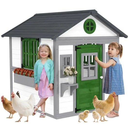Wooden Outdoor Kids Playhouse For Backyard With Doors And Windows