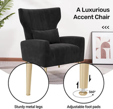 Black Velvet Accent Chair Set of 2, Wingback Chair for Living Room, High Back Arm Chair with Golden Legs Lumbar Pillow, Upholste
