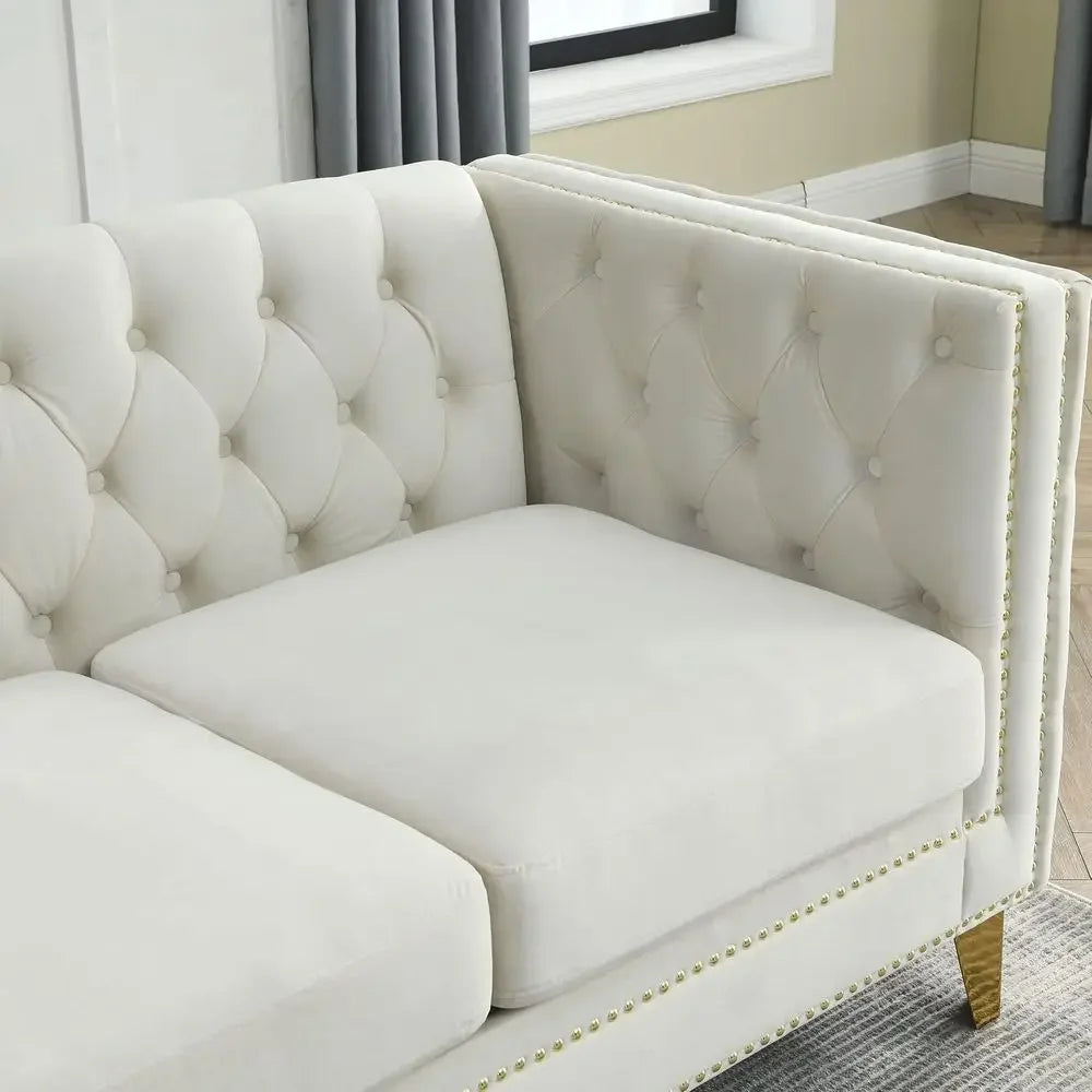 Velvet Sofa Set: Button-Tufted 3-Seat Sofa and 2-Seat Loveseat with Nailhead Trims and Metal Legs