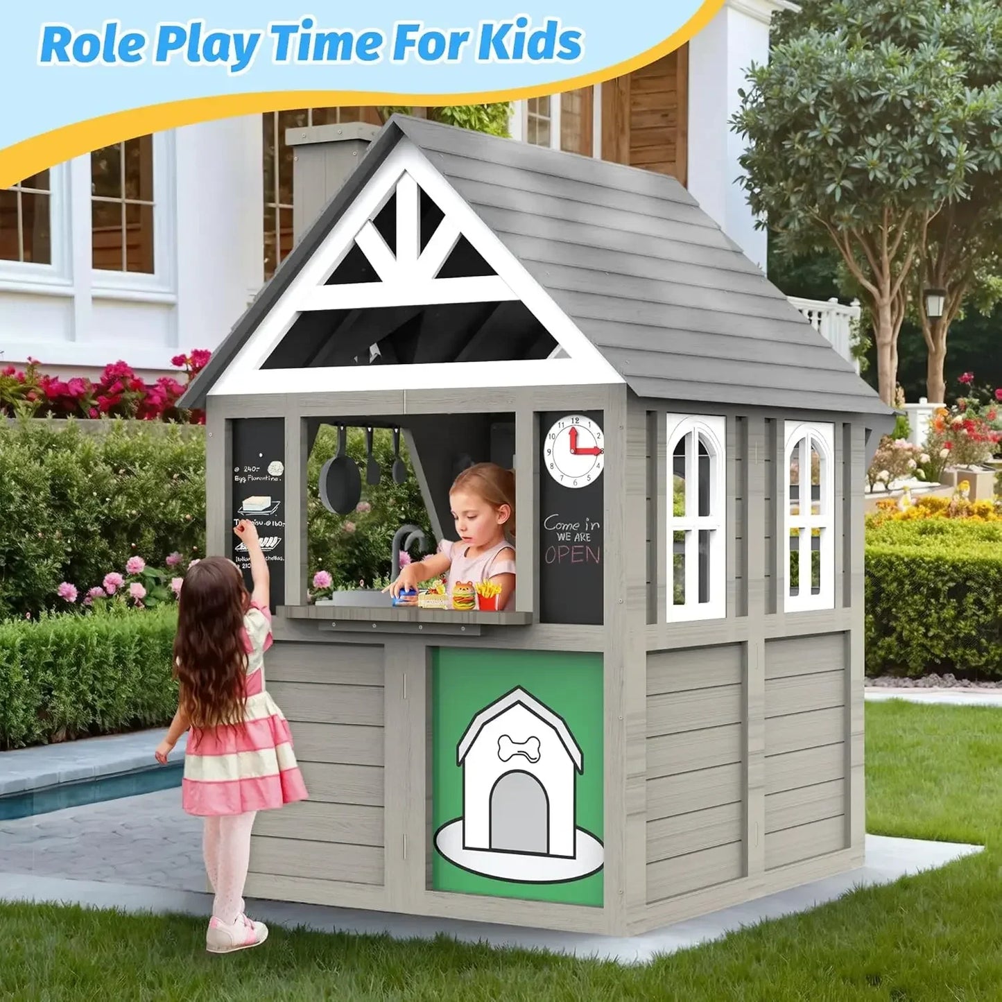 Kids Outdoor Playhouse,Cedar Gray Wooden Play House for Kids Ages 3-8, with Play Kitchen, Interactive Doorbell, Toy Phone, Sink,