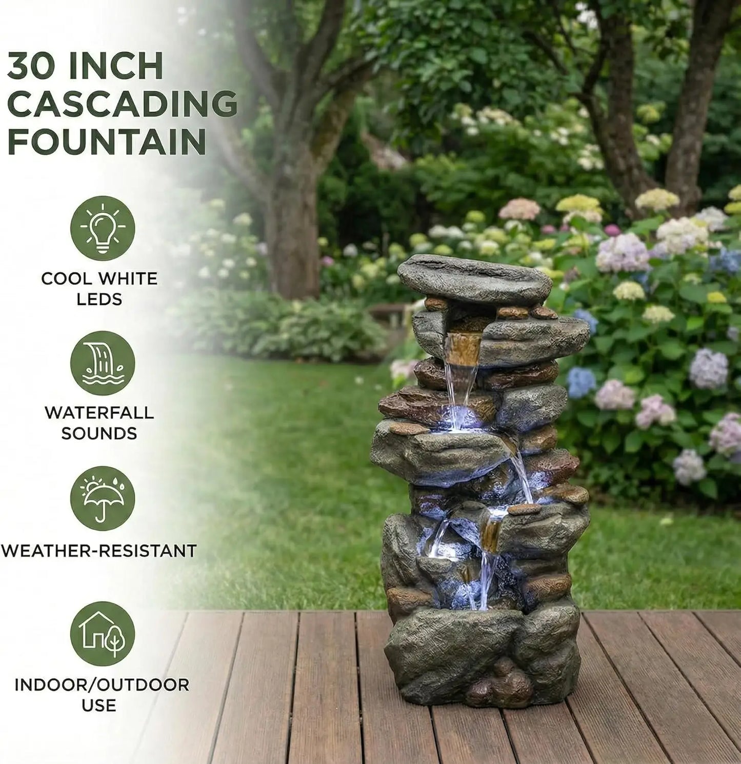 Outdoor Water Fountain Large - Stone Fountains with LED Light for Patio Yard Garden Backyard Decking Outdoor or Entryway Decor 3