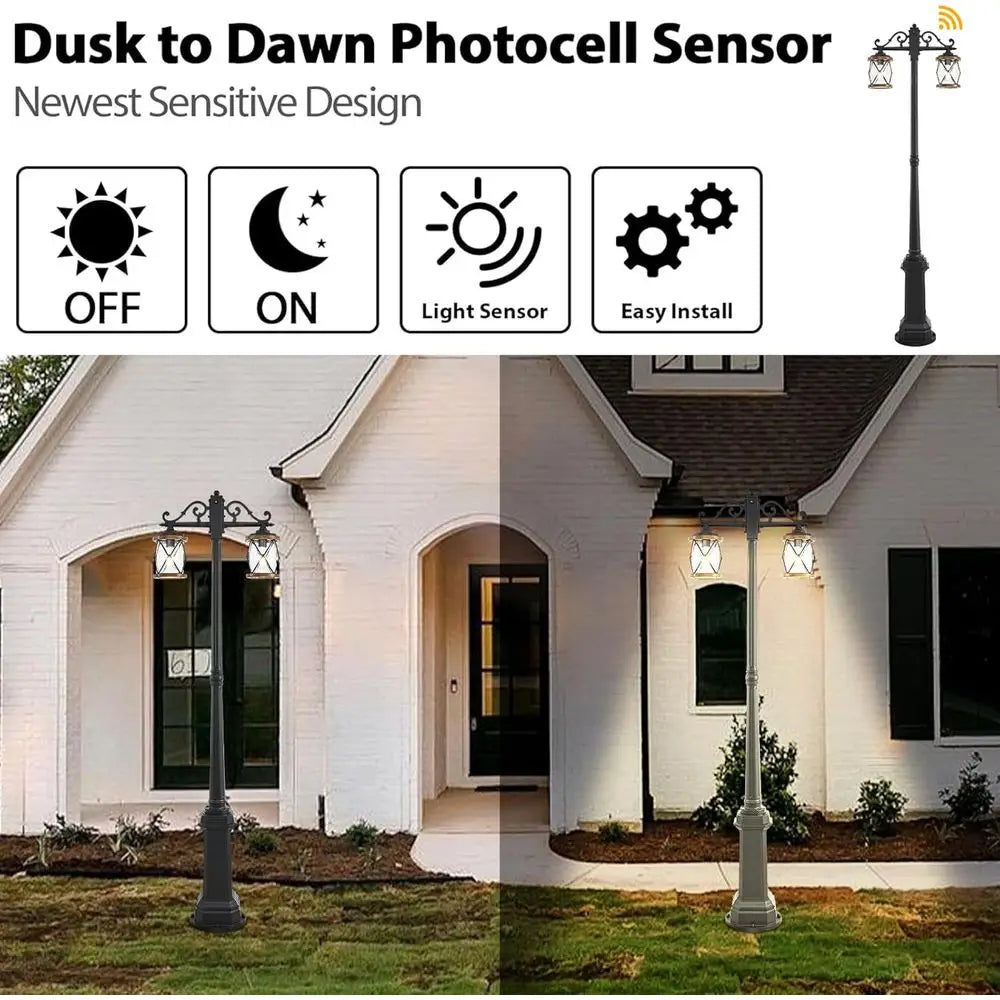 Dusk to Outdoor Lamp Post Lights with Outlet,Double-armhouse Street Light ixture,Black Pole Exterior Lights, Waterproo Lantern O