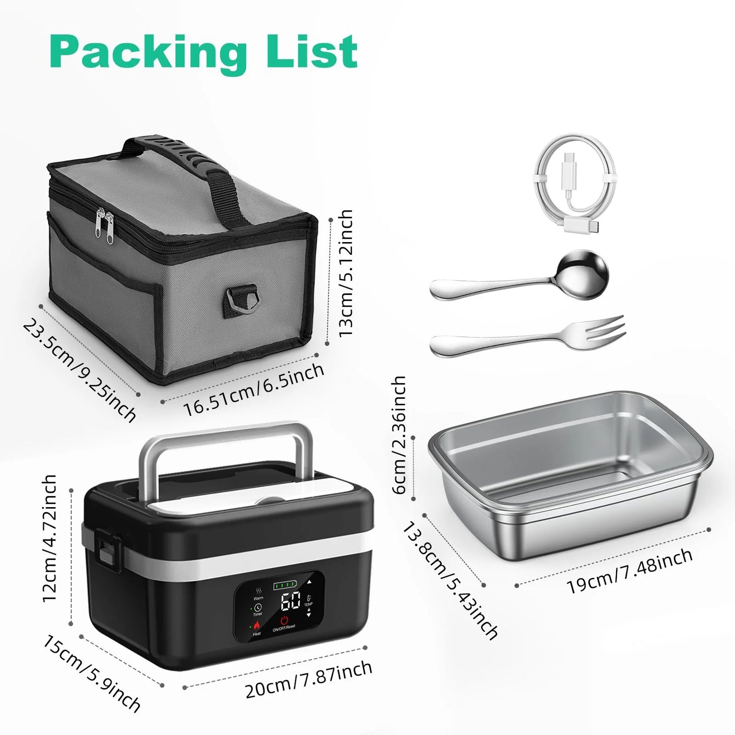 Wireless Insulated Lunch Box 1L Stainless Steel Warmer 60W 8000mAh