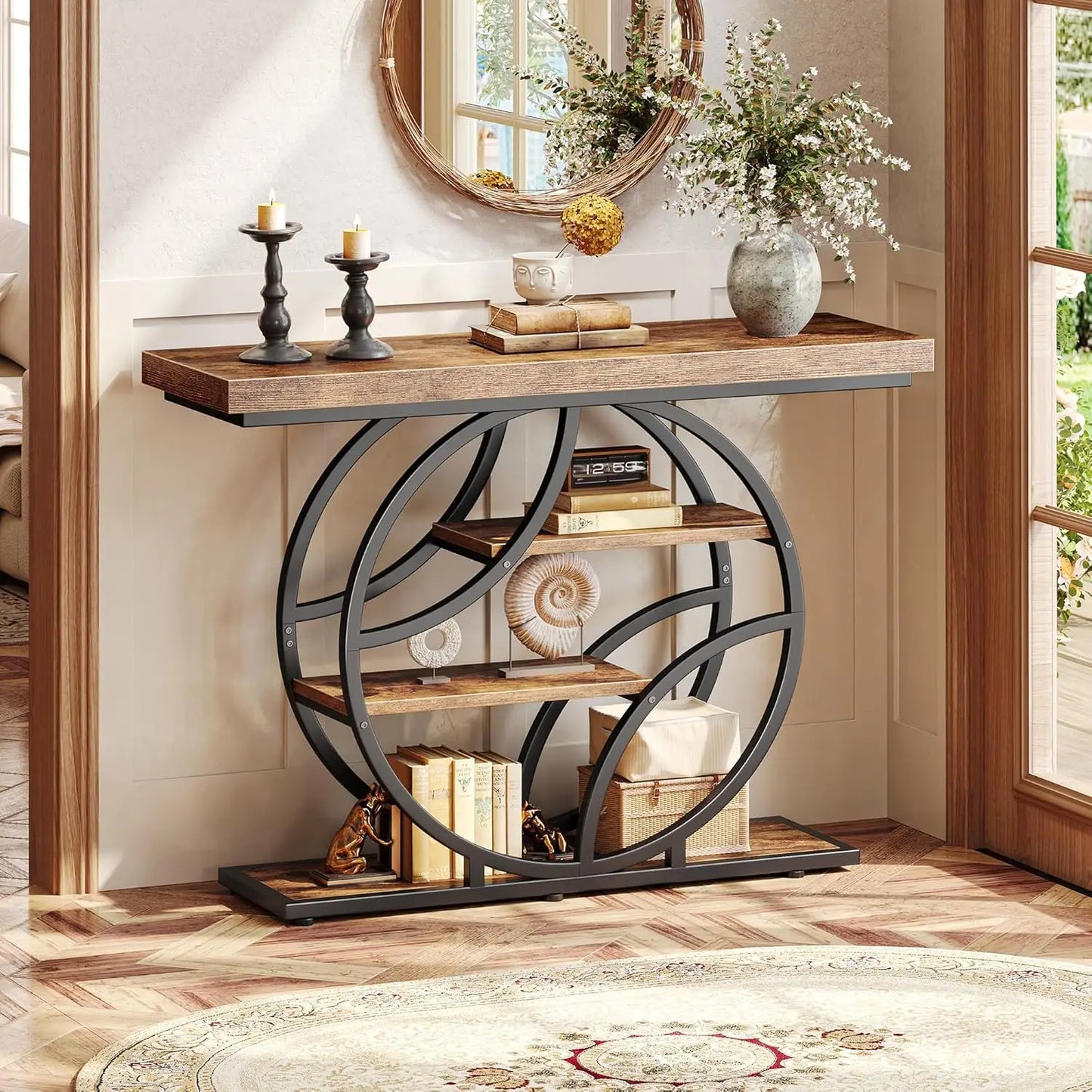 Rustic Industrial Console Table With Storage Shelves O Frame