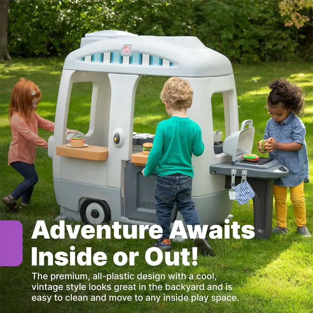 Step 2 Adventure Camper Playhouse: Outdoor/Indoor Kids Playset with Kitchen, Doorbell, 52 Accessories, Durable for Ages 2+